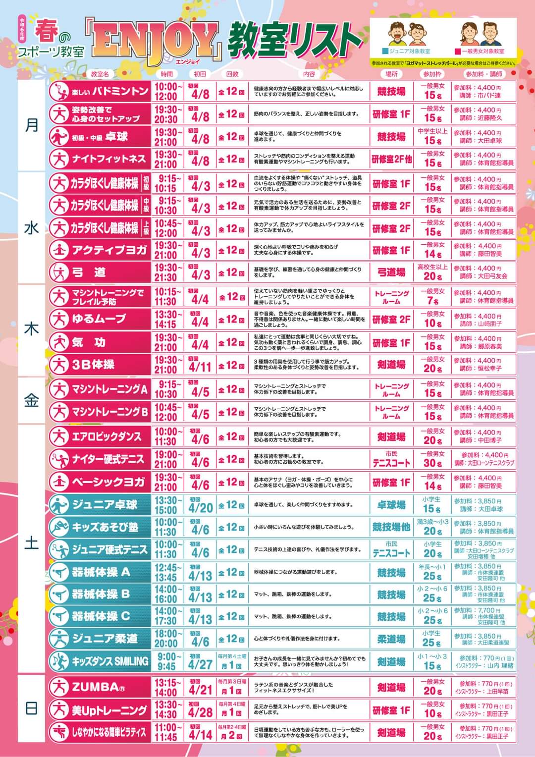 令和6年度大田総合体育館春のスポーツ教室参加者募集！